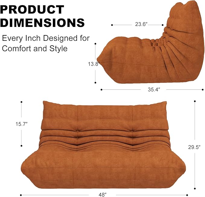 Full Foam Loveseat Sofa,Adults Bean Bag Chairs Floor Couch with Soft Waterproof Fabric,Armless Fireside Lounge Chair for Living Room,Apartment and Office (DarkOrange)
