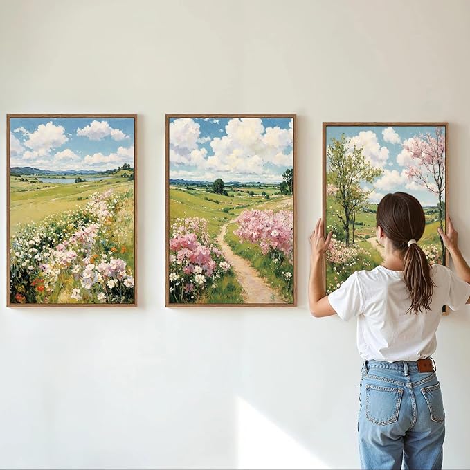 Tinonedraw Rustic Landscape Framed Canvas Wall Art Triptych, Blue and White Wall Decor, Vintage Botanical Floral Artwork, Modern Country Nature Farmhouse Art Prints for Living Room Bedroom 16"x24"x3