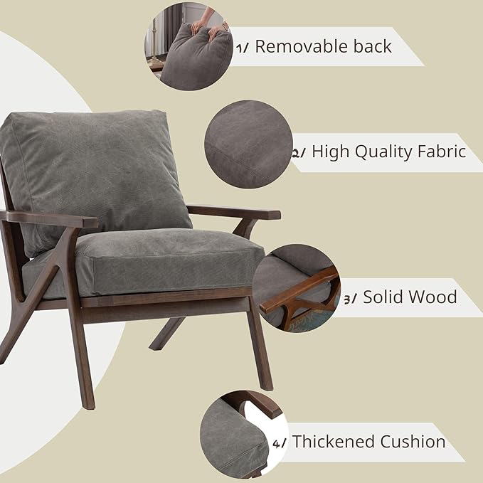 Wahson Mid Century Arm Chair and Ottoman Set, Upholstered Accent Armchair with Wood Frame and Canvas Cushions, Leisure Slipper Chair for Living Room/Bedroom, Grey