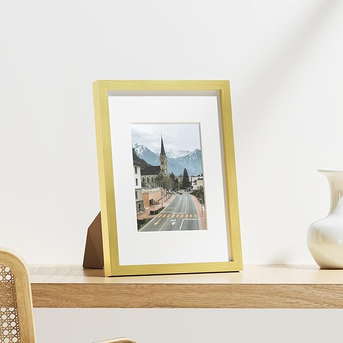 Vittanly 9x12 Picture Frames Set of 9, Shatter Resistant Plexiglass, Display 6x8 Pictures with Mat or 9x12 without Mat, Photo Frames for Wall or Tabletop, Engineered Wood, Gold