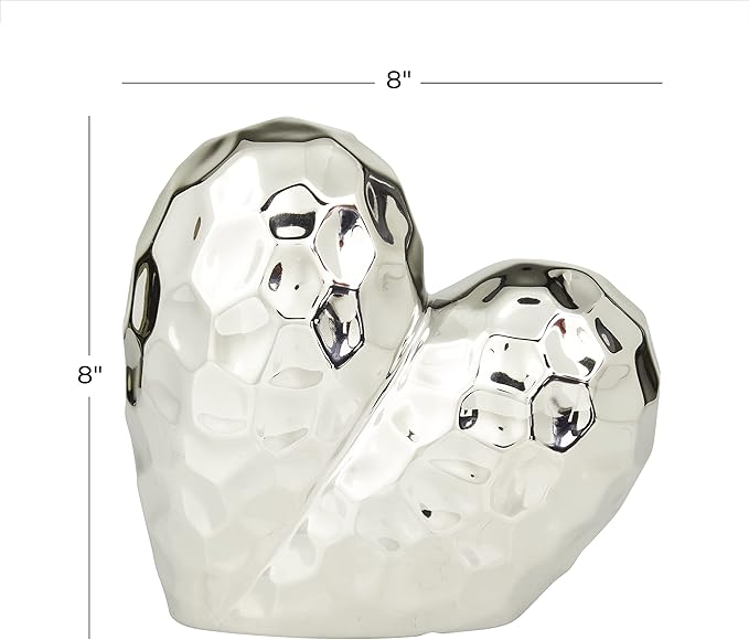 Deco 79 Porcelain Ceramic Heart Decorative Sculpture Dimensional Angled Origami Inspired Home Decor Statue, Accent Figurine 8" x 3" x 8", Silver