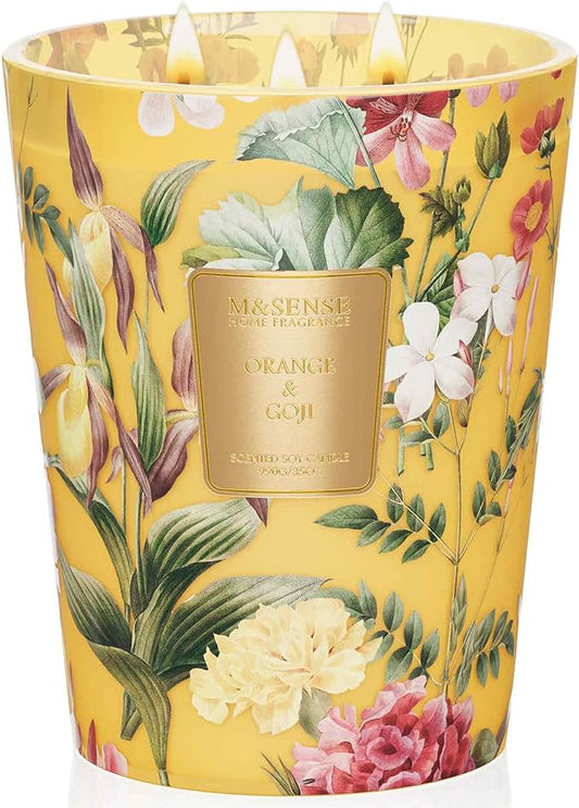 M&SENSE Extra Large Candle Orange Goji Scented, 3-Wick 35oz 150H Long Lasting, Natural Soy Wax Aromatherapy Candle for Stress Relief, Home Fragrance Housewarming Gifts Candle for Home Decor