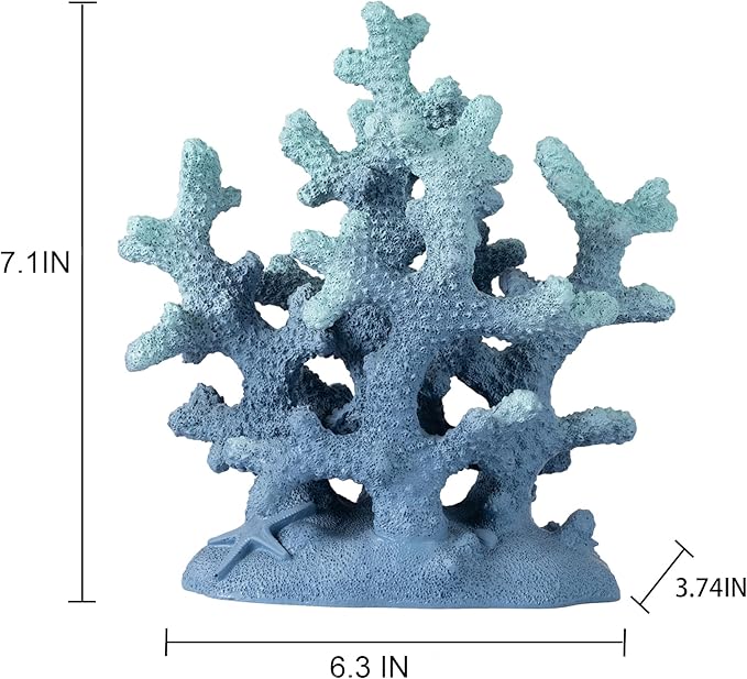 7.1" H Blue Coral Decor, Resin Coral Statue, Nautical Decorations for Home, Bedroom, Bathroom, Living Room, Beach/Coastal/Ocean Themed Cabinet Shelf Tabletop Decor