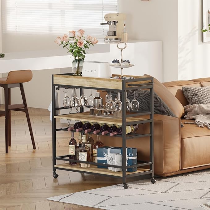 BON AUGURE Bar Cart for The Home, Bar Serving Carts on Wheels, 3 Tier Storage Drink Trolley, Rolling Wood and Metal Liquor Beverage Cart (Vintage Oak)