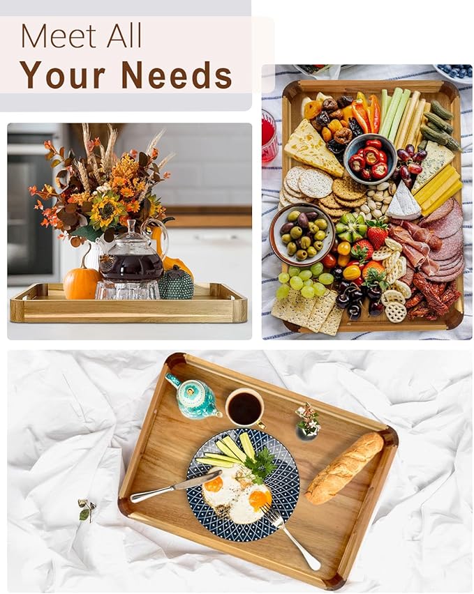 22 Inches Acacia Wood Serving Tray with Handles, Large Wooden Rectangle Ottoman Tray, Nice Home Decor for Living Room Coffee Table Couch, Ideal Size for Serving Food Breakfast BBQ Party