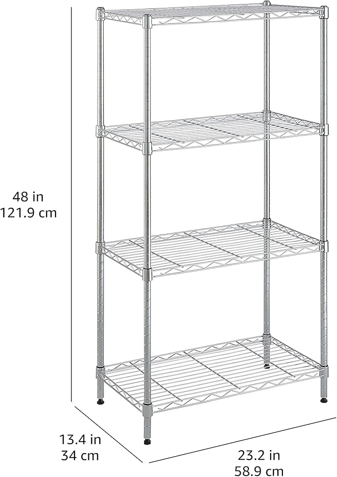 Amazon Basics 4-Shelf Adjustable, Storage Shelving Unit, (200 Pound Loading Capacity per Shelf), Steel Organizer Wire Rack, 13.4"D x 23.2"W x 48"H, Chrome