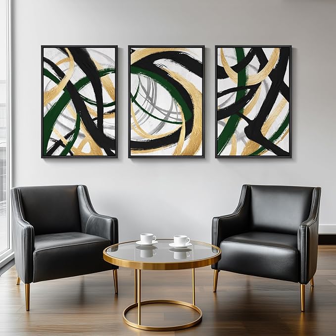 Large Framed Abstract Wall Art for Living Room, Set of 3 Modern Canvas Prints Painting Artwork for Walls, Black Green and Gold Brush Stroke Pictures for Hallway Dining Room Office Wall Decor 24x36 In