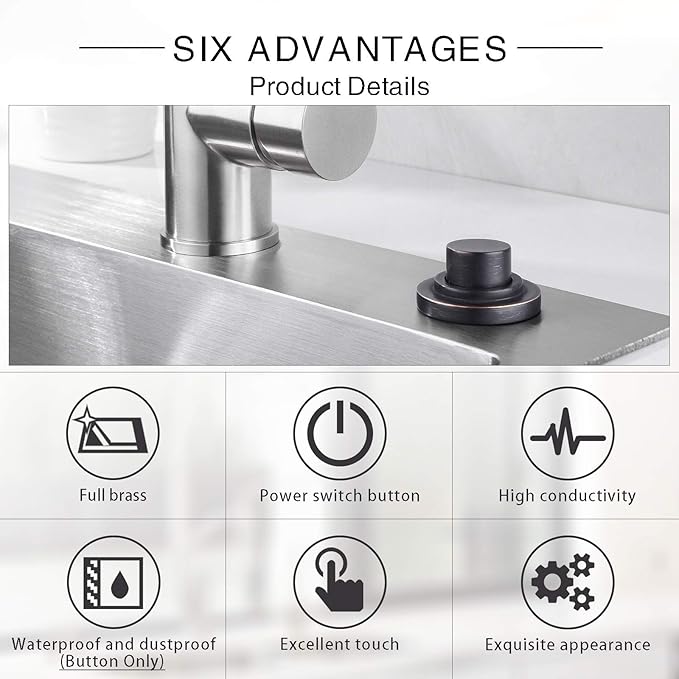SinkTop Air Switch Kit (Long Full Brass Button) for Garbage Disposal, Cordless Oil Rubbed Bronze