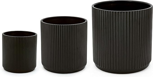 Amazon Basics Assorted Sizes Fluted Ceramic Round Planters, Set of 3, 6 inch, 8 inch, 10 inch, Black