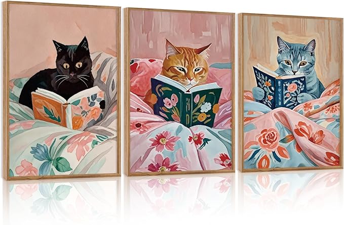 HPNIUB Framed Vintage Black Cats Canvas Wall Art, Funny Animal Reading Books Poster Printing Pictures, Pink Cute Cat Lovers Wall Decor for Girls Room Bedroom Kids Room Living Room Classroom- 24 x36 x3