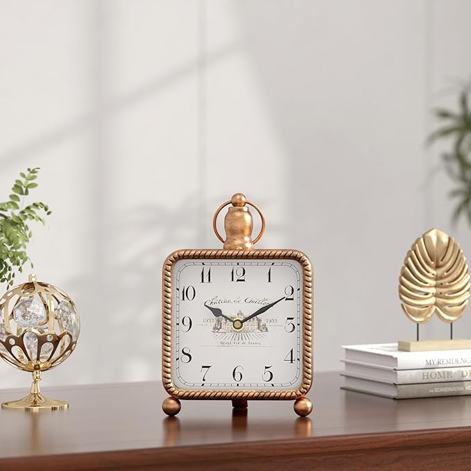 Vintage Gold Table Clock on Stand, Desk and Shelf Decor Clock, French Rustic Style Non-Ticking Mantel Clocks for Farmhouse, Living Room, Bedroom, Bedside, Gift (8.5" H x 5.5" W)