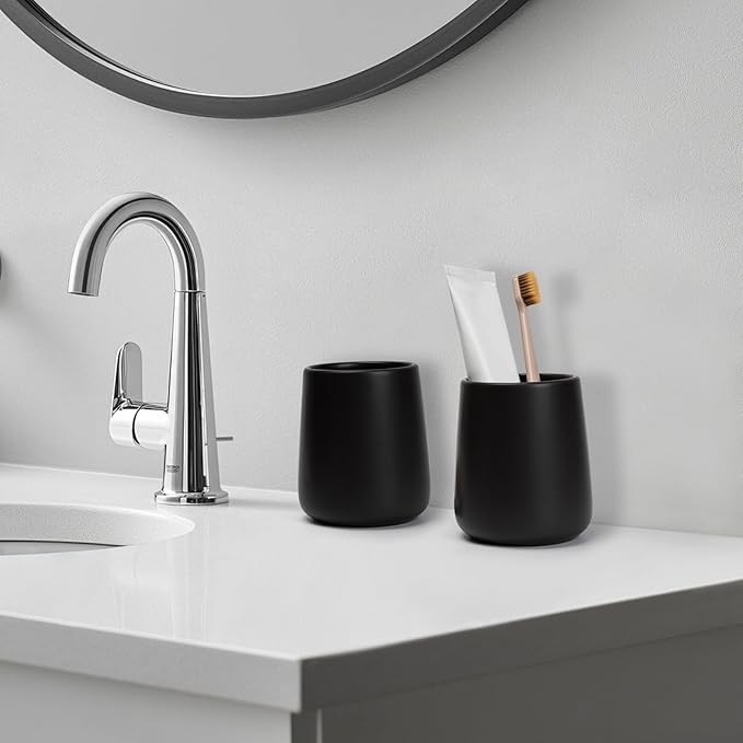 Bathroom Tumbler Cup Ceramic 2Pcs 13.5oz Reusable Toothbrush Cup 400ml, Toothbrush Holder Adequate for Your Bathroom (Black Brown)