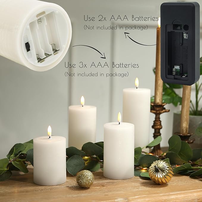 LUSHABOR Flameless Candles, 4 Pack Battery Operated Candles with Remote, Real Wax LED Fake Candles with Timer Flickering for Christmas Wedding Home Party D3 H 5" 6" 7" 9" White