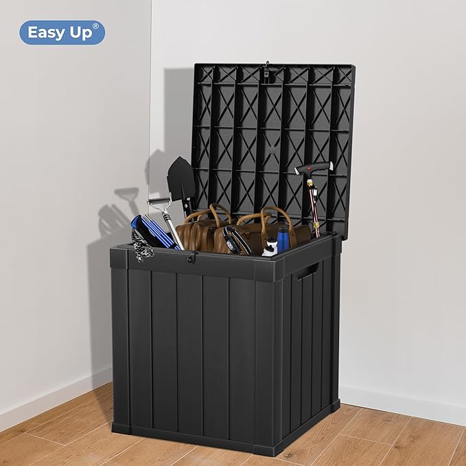 50 Gallon Double-Wall Resin Deck Box - Lockable Waterproof Outdoor Storage Box, 515bs Capacity & Doubles as Seating for Patio Furniture - Garden Tools, Pool Accessories (Black)