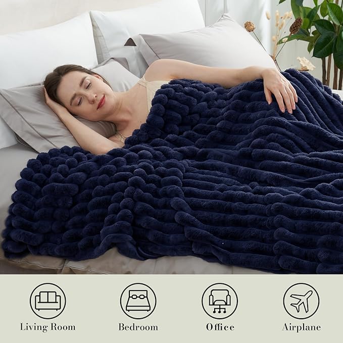 Amélie Home Faux Fur Throw Blanket for Couch, Cozy Fuzzy Fluffy Fur Luxurious Soft Striped Plush Gift Blankets for Family Sofa Chair Bed Living Room Bedroom, 55"x70", Navy Blue