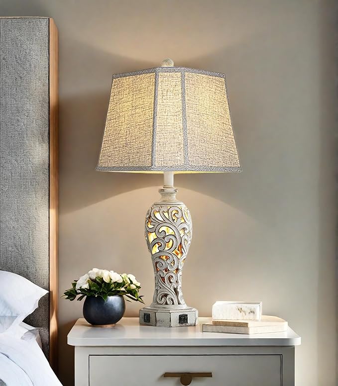 25'' Farmhouse Table Lamp for Living Room Bedroom, 2 USB Ports Vintage Rustic Nightstand Desk Lamp with Nightlight, White Hollow Out Resin Lamp for End Table (Bulb Included)