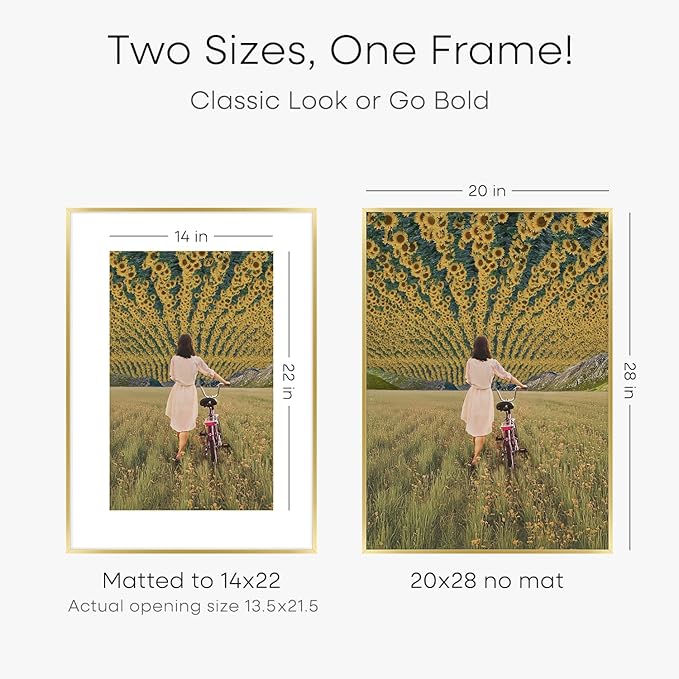 Homeforia 20x28 Picture Frame Gold, High End Metal 20 x 28 Poster Frames with Mat 14 by 22 Photo, 20x28 Gold Frame Matted to 14x22 Print, 28x20 Large Hanging Frames, Tempered Glass, Wall Kit, Set of 1