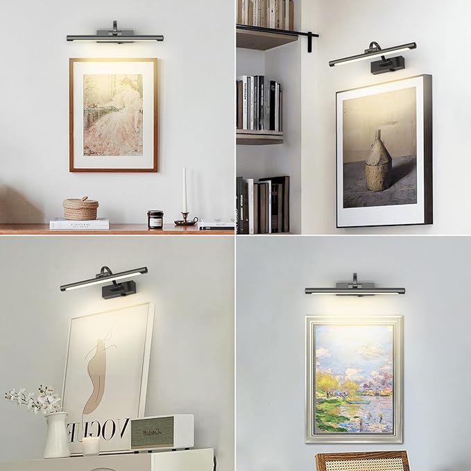 Battery Operated Picture Lights for Wall, Wireless Painting Lights Dimmable Artwork Lighting with Remote and Timer, Rechargeable Art Lights for Paintings-Brushed Grey 16'' inch Warm White