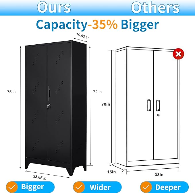 75" Metal Storage Cabinet, Tool Cabinets with Hooks, Garage Storage Cabinet with Lock, Heavy-Duty Tool Cabinet for Utility Room, Gym, Basement, Broom Closet Cabinet, Black