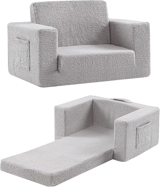Toddler Chair Sherpa Kids Couch, 2-in-1 Toddler Soft Kids Sofa Toddler Lounger Chair for Bedroom, Convertible Toddler Couch for Girls and Boys, Reading Chair for Kids, Grey