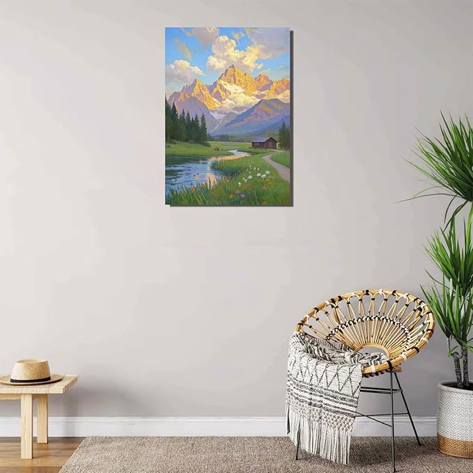 The mountain stream and lawn scenery under the sun is suitable for posting in the living room bedroom office landscape poster wall painting
