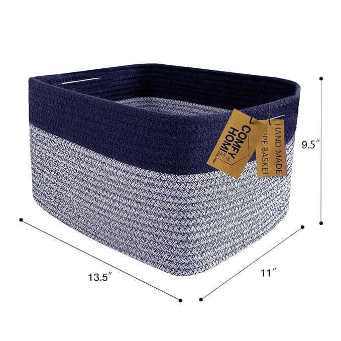 COMFY-HOMI Rectangular Cotton Rope Basket With Handles for Shelves|Dog Toy|Baby Gift - Dark Blue (13.5" x 11" x 9.5")