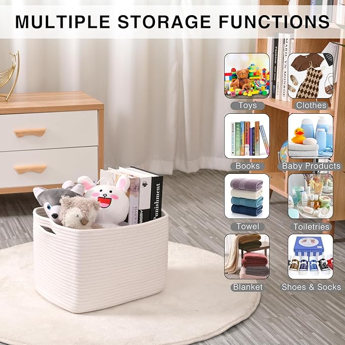 Storage Baskets for Organizing Shelves, Woven Cotton Rope Bins for Baby Nursery Organization, Book Toy Towel Organizer, 15"x11"x9.5", 3 Packs, Off White