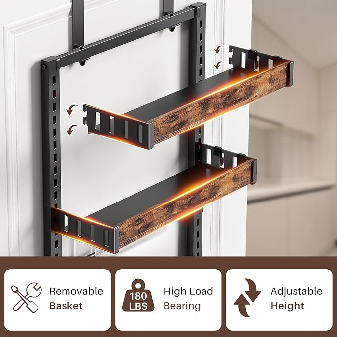 8 Tier Over The Door Pantry Organizer, 2 IN 1 Wall Mount or Metal Hanging Spice Rack for Pantry Organizers and Storage, Seasoning Shelves，Adjustable Basket with Hooks for Kitchen, Bathroom,Laundry