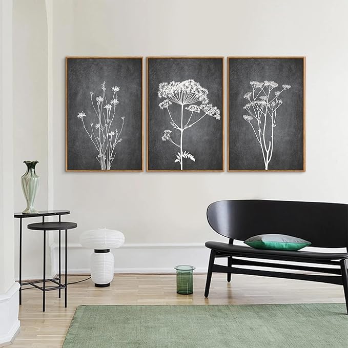 Tinonedraw Black and White Botanical Framed Canvas Wall Art Set, Vintage Floral Wall Decor, Dark Academia Minimalist Plant Art Paintings, Abstract Wildflower Art Print for Living Room Bedroom 16"x24"x3