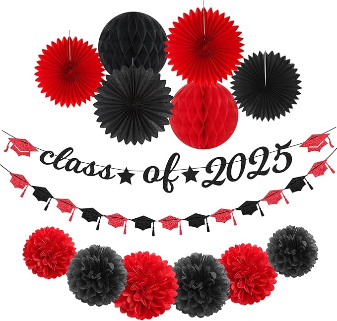 Red Black Party-Decoration Graduation Banner - 14pcs Kits Cap Garland Streamers, Paper Tissue Pom Poms Flowers Fans Honeycomb,Class Of 2025 College High School Grad Decor Hugfond