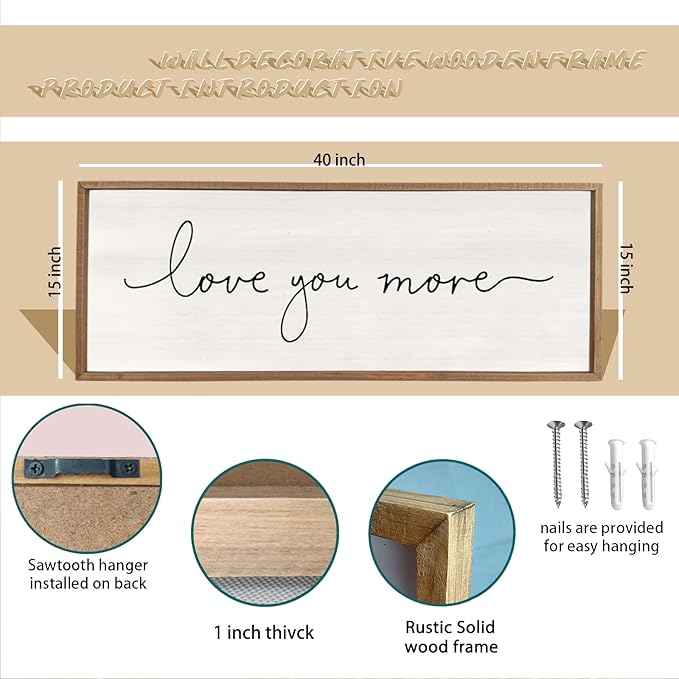 Love You More Sign 40''×15'' Master Bedroom Above Over Bed Wall Decor Modern Farmhouse Large Vintage Wood Framed Hanging Over Bed Bedside Wall Art (Wood)