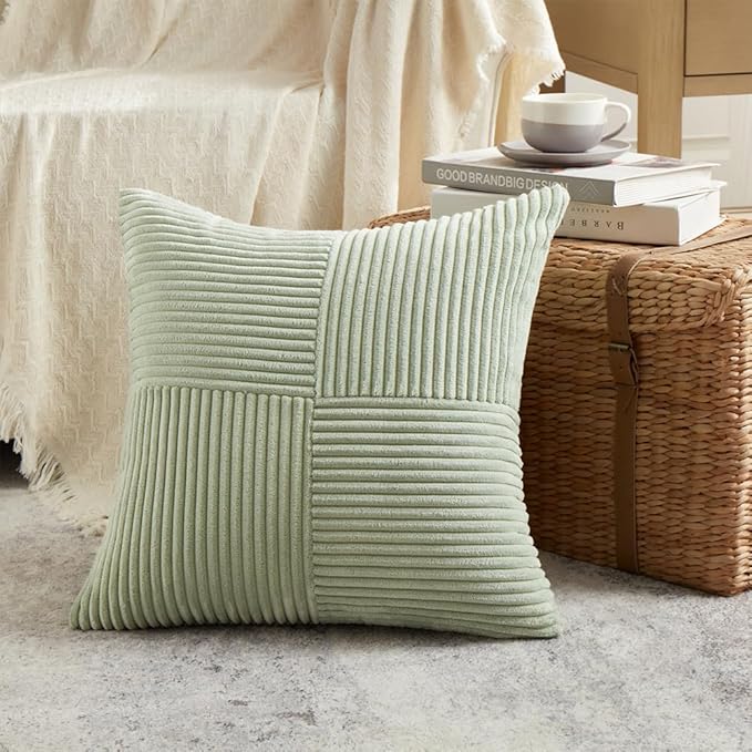Fancy Homi 2 Packs Sage Green Euro Decorative Throw Pillow Covers 26x26 Inch for Bedroom Couch Bed, Farmhouse Boho Home Decor, Soft Corss Corduroy Patchwork Textured Square Cushion Case 66x66 cm