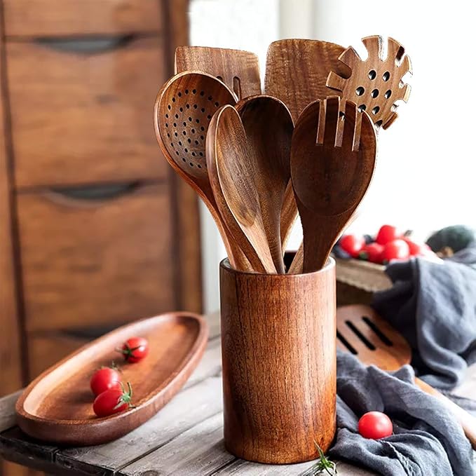 Teak Wooden Kitchen Utensil Set - 7Pcs Wooden Cooking Utensils Including Spatula