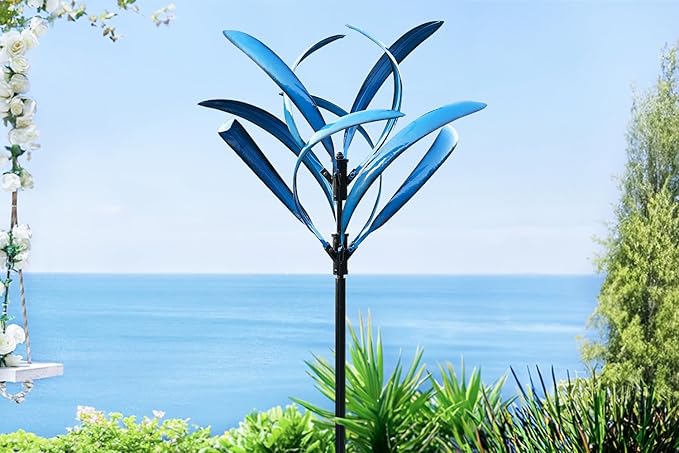 LimeHill Wind Spinner for Yard and Garden - Large Metal Kinetic Wind Sculptures for Outdoor Decorations (Blue Magnolia)