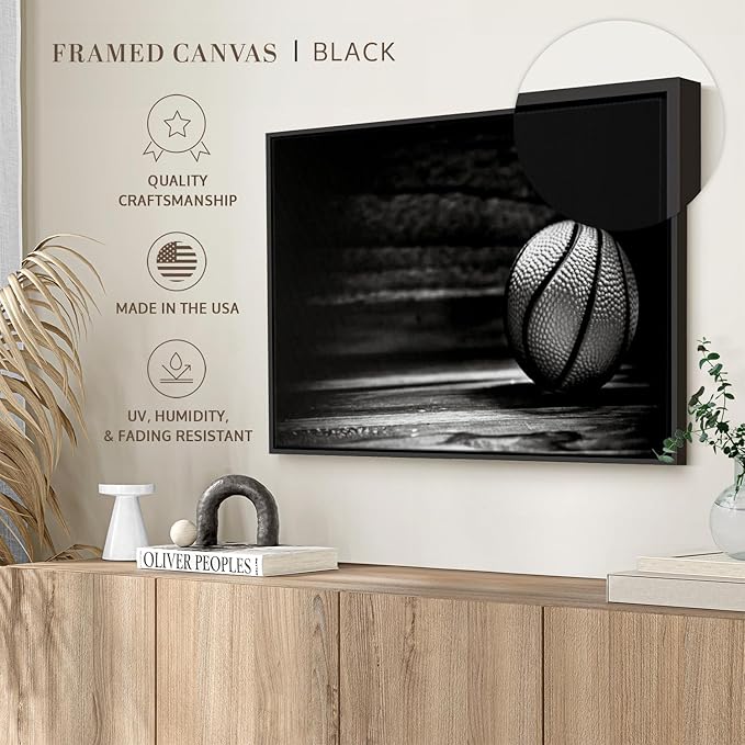 ElephantStock Basketball Wall Art - Horizontal Framed Canvas - 1-Piece Hallway Wall Decor - Photography sports Canvas Print - Black and Gray Decor for Wall - 25" X 17"