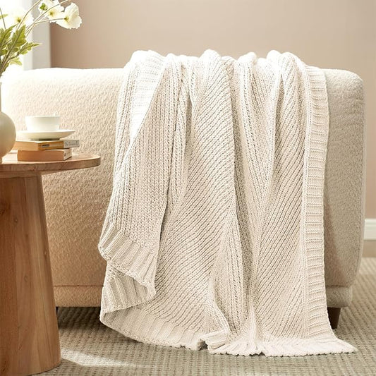 Amélie Home Chenille Knit Throw Blanket for Couch, Chevron Texture Decorative Soft Blanket for Sofa, Bed & Chair, 60"x80", Ivory