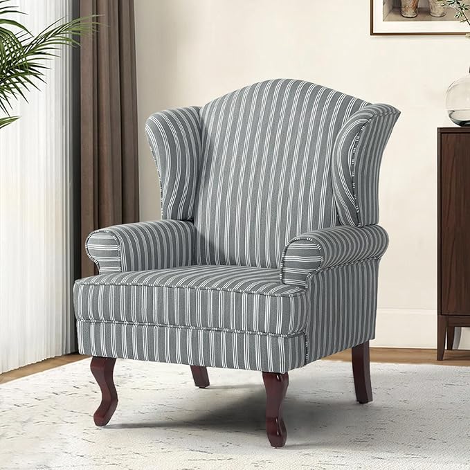 Accent Chair, High Back Upholstered Armchair with High Resilience Sponge & Wood Legs, Mid-Century Modern Comfy Single Sofa Reading Chairs for Living Room, Bedroom (Stripe Grey, Set of 2)