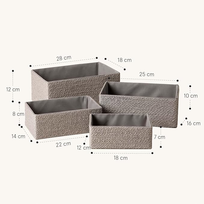 LA JOLIE MUSE Storage Baskets Set 4 - Stackable Woven Basket Paper Rope Bin, Storage Boxes for Makeup Closet Bathroom Bedroom (Gray)