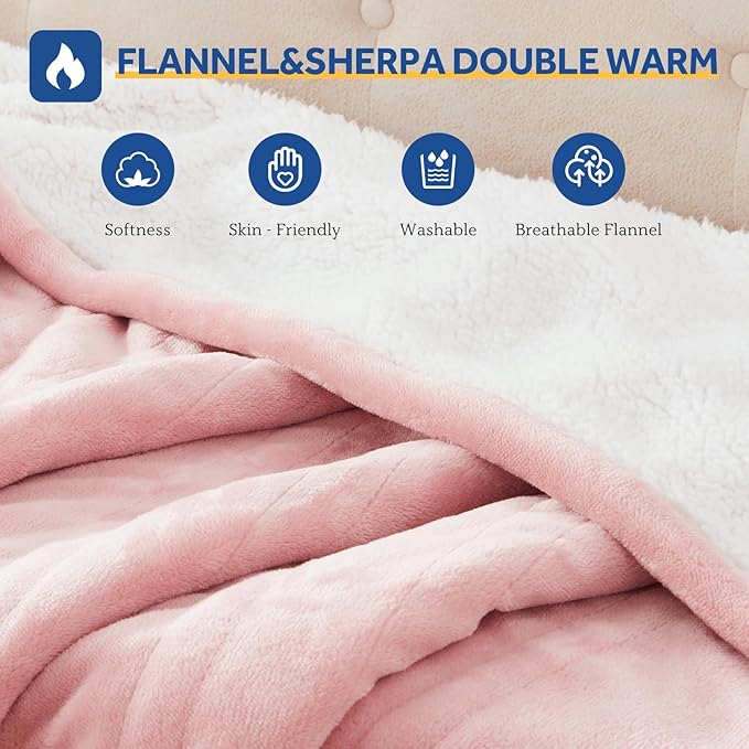 Sealy Electric Blanket Throw Size 50"*60",Super Cozy Flannel to Sherpa Reversible Heated Blanket Throw with 6 Heating Levels & 2-10 Hours Auto Off Overheating Protection Machine Washable,Pink