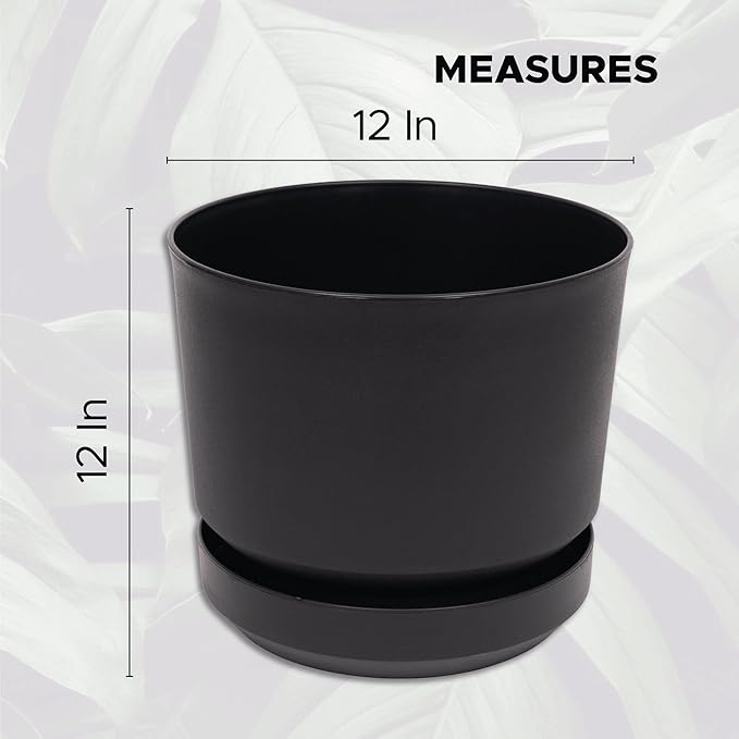 Elly Décor 12 inch Plastic Cylinder Planter Pot with Self-Watering Saucer and Drainage Hole,Lightweight & Extremely Durable, 12"x 12", Black