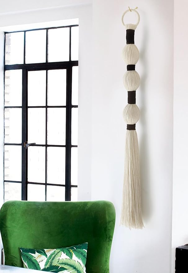 Macrame Wall Hanging Boho Wall Decor Small Sphericity Cotton Textile Tassel Hanging Fiber Yarn Art for Living Room Bedroom 27'' L x 2.3'' W
