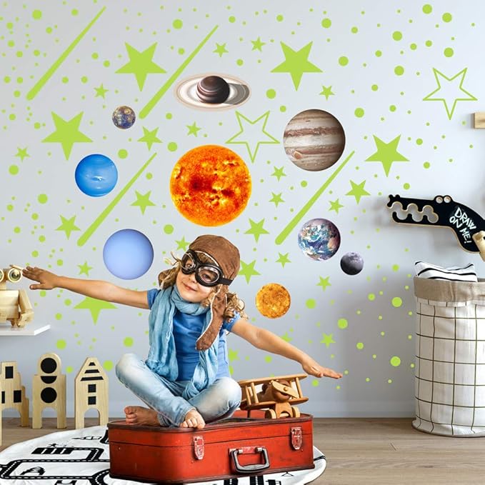 Quanhaigou Glow in The Dark Stars and Planets, Bright Solar System Wall Stickers -Glowing Ceiling Decals for Kids Room,Shining Space Decoration