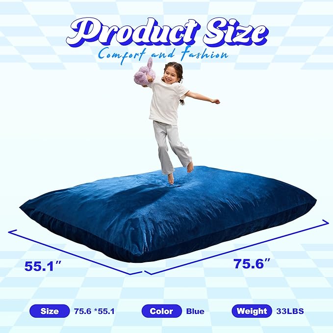 Hobestluk 3 in 1 Bean Bag Chair Giant Bean Bag Chairs for Adults with Velvet Cover Convertible Bean Bag Floor Cushion with Machine Washable Cover for Living Room (Velvet Blue)