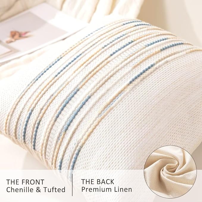 Boho Throw Pillow Covers 18x18 Set of 2 Farmhouse Decorative Cushion Case Striped Square Pillows Cover Chenille Pillow Cases Accent Neutral Pillowcase for Sofa Couch Bed,Yellow-Blue