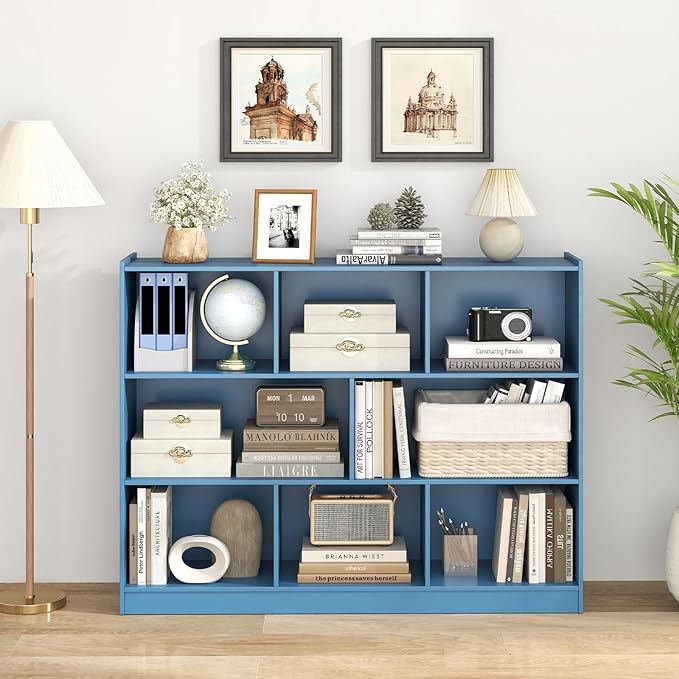 Tangkula 8-Cube Bookcase, Wood 3 Tier Open Storage Bookshelf, Modern Multipurpose Display Cabinet for Living Room, Study, Reading Nook, 48 x 12.5 x 36.5 Inch (Bright Blue)