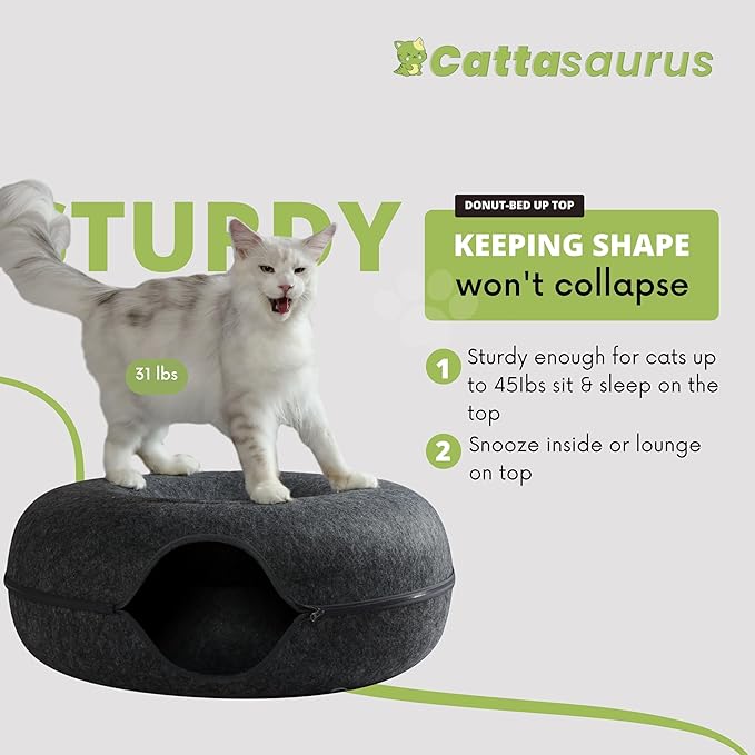 CATTASAURUS Peekaboo Cat Cave for Multiple & Large Cats Up to 30-45 Lbs, Scratch Detachable & Washable Tunnel Bed, Comfy Donut Cat Cave (Dark Gray, Jumbo)