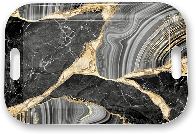 Serving Trays with Handles, 14.5 x 9.8 inch Rectangular Plastic Tray for Restaurant, Kitchen, Abstract Background Black Marble