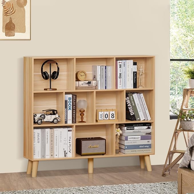 LEYAOYAO 10 Cube Bookshelf,3 Tier Modern Wide Bookcase with Legs,Mid-Century Wood Bookshelves Storage,Natural Large Book Case,Freestanding Organizer Display Shelf for Bedroom,Living Room,Office