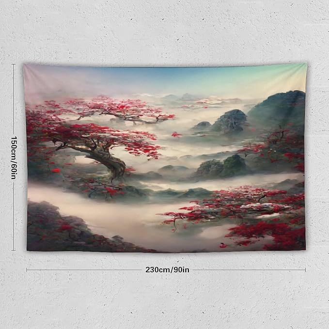 Japanese Tapestry, Red Plum Cherry Blossom Mountain Tapestry, Asian Japanese Wall Tapestry, Nature Landscape Tapestries for Bedroom Living Room Decor 90"x60"