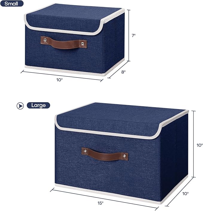 ANMINY Storage Bin with Lid Storage Boxes with PU Leather Handles PP Plastic Board Decorative Foldable Lidded Cotton Linen Fabric Home Cubes Baskets Closet Organizer Container - Blue, Large Size